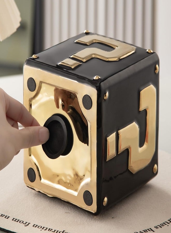 Yundu Ceramic Piggy Bank for Adults & Kids - Square Money Box for Cash Saving, Coin Bank with Golden Question Mark Design for Boys & Girls (Black Color) - Image 3